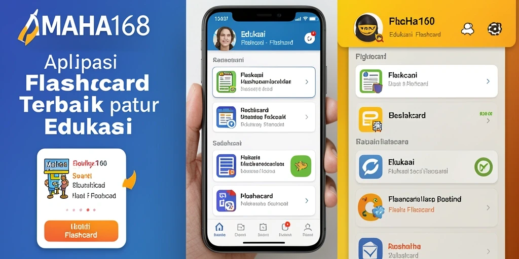 Tampilan antarmuka aplikasi MAHA168 dengan berbagai flashcard edukasi.