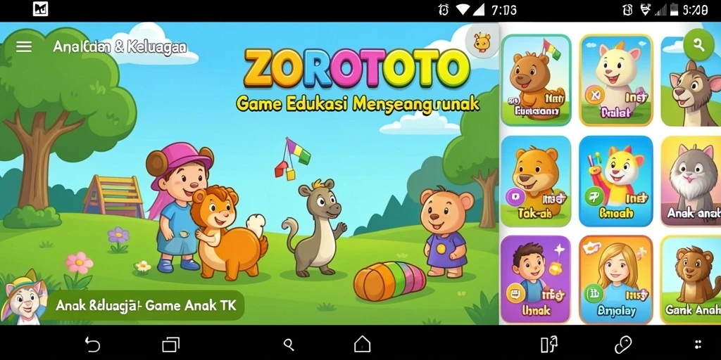 Antarmuka ZOROTOTO yang ceria dan interaktif untuk anak-anak.